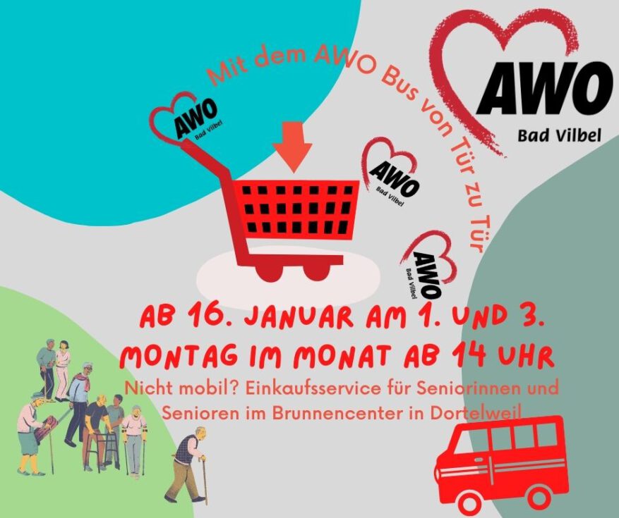 Einkaufen mit dem AWO Bus in Dortelweil, ilustrierende Grafik mit Einkaufwagen, AWO Logo, Kleinbus und älteren Menschen in Bewegung